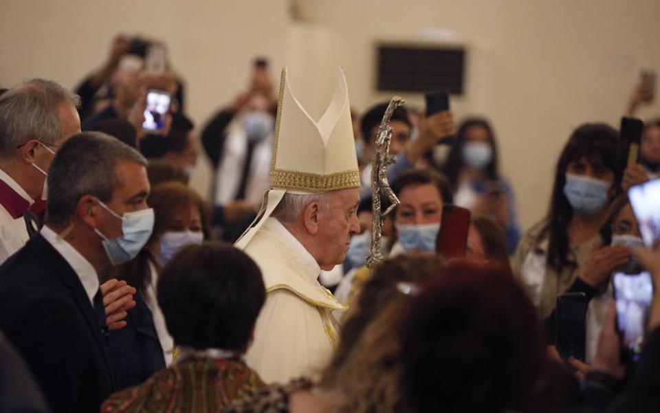 Pope Francis arrives to celebrate Mass at St. Joseph Chaldean Catholic Cathedral in Baghdad March 6, 2021. (CNS/Paul Haring)