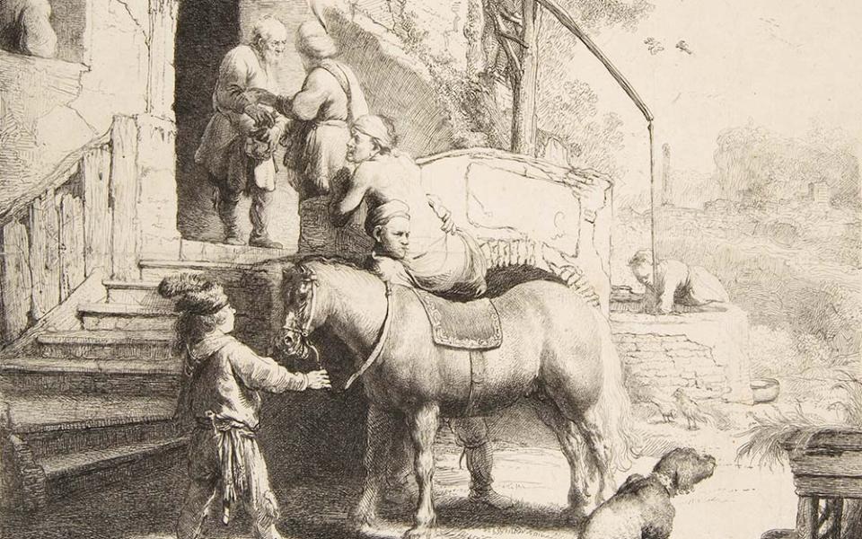 "The Good Samaritan," detail from a 1633 etching by Rembrandt (Metropolitan Museum of Art)