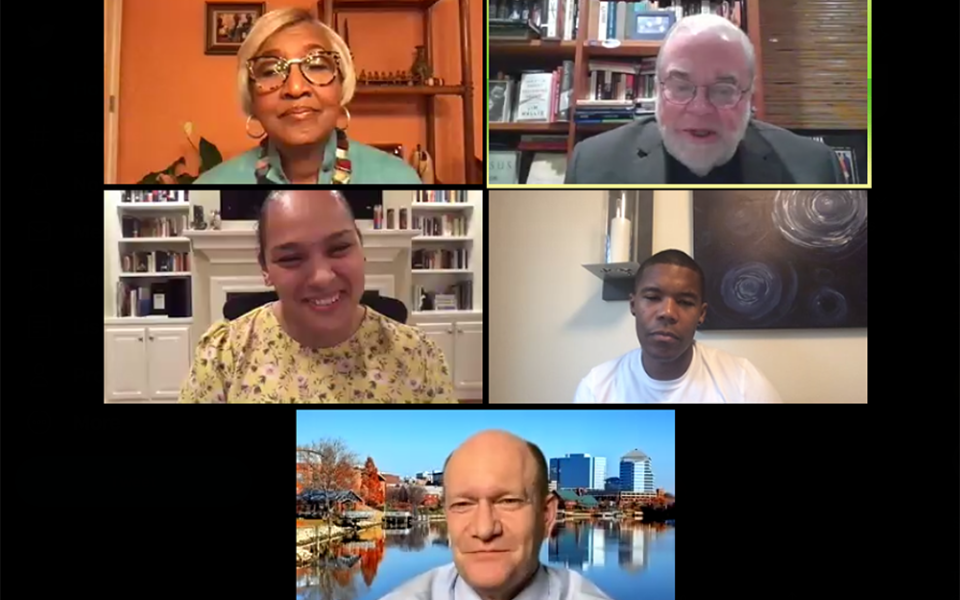 From top row, left to right: Cynthia Hale, pastor of the Ray of Hope Christian Church in Georgia; the Rev. Jim Wallis; Nichole Flores, professor of religious studies at the University of Virginia; actor Gaius Charles; and Sen. Chris Coons D-Del., particip