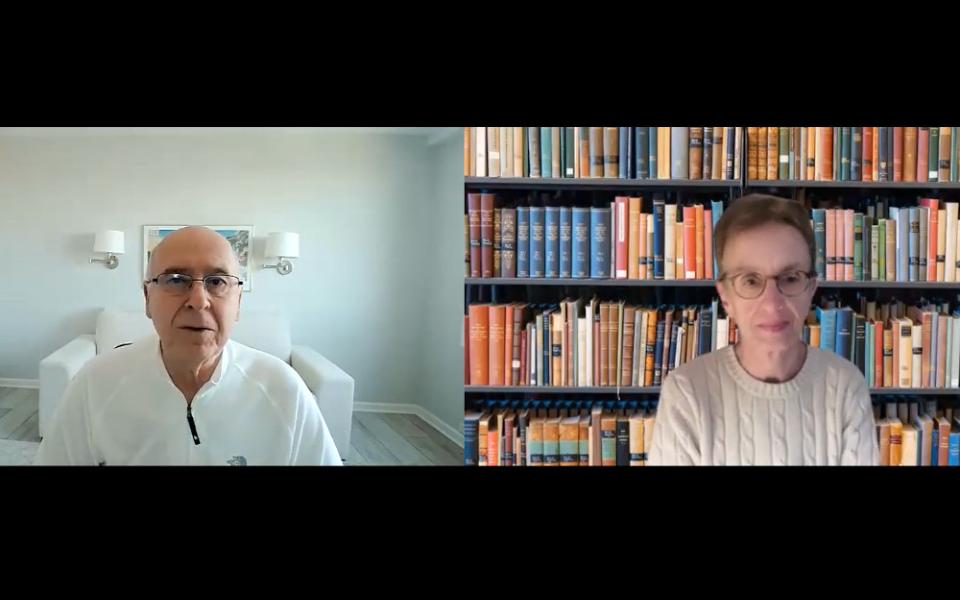 Soul Seeing for Lent host Michael Leach and Franciscan Sr. Ilia Delio, the Josephine C. Connelly Endowed Chair in Theology at Villanova University. (NCR screengrab/YouTube)
