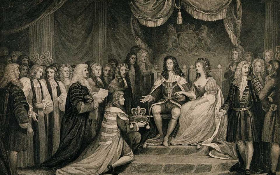 William of Orange and his wife, Mary, are presented with the English crown in 1688, as depicted in a 1790 engraving. (Wikimedia Commons/Wellcome Collection)