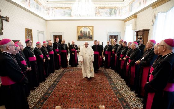Pope Francis meets with Polish bishops at the Vatican Oct. 12 during their ad limina visit to Rome. In recent months 10 Polish bishops, mostly retired, have been disciplined for ignoring abuse complaints. (CNS/Vatican Media)