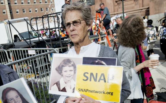 Barbara Dorris at a SNAP demonstration in Philadelphia in 2015 (CNS/Joshua Roberts)