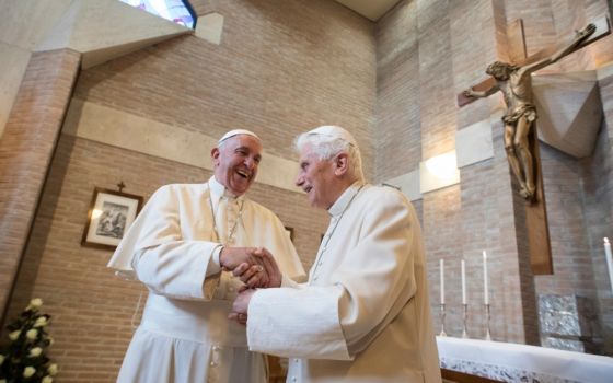 Pope Francis talks with Pope Emeritus Benedict XVI during a visit with new cardinals at the retired pope's residence after a consistory at the Vatican Nov. 19, 2016. (CNS/L'Osservatore Romano, handout)