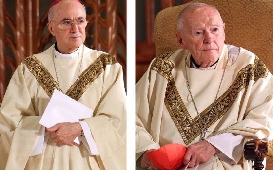 Archbishop Carlo Maria Vigano, then nuncio to the United States, and then-Cardinal Theodore E. McCarrick of Washington, are seen in a combination photo from Oct. 4, 2014. (CNS/Gregory A. Shemitz)
