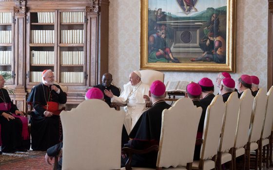 Pope Francis speaks to Boston Cardinal Sean O'Malley, second from left, alongside other U.S. bishops during their "ad limina" visits at the Vatican Nov. 7, 2019. (CNS/Vatican Media)