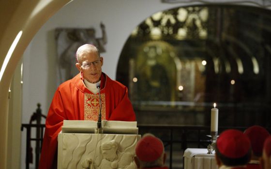 Archbishop John Wester of Santa Fe, New Mexico, gives the homily during Mass in the crypt of St. Peter's Basilica Feb. 10, 2020, while he and other U.S. bishops from the Southwest region made their "ad limina" visits to the Vatican. (CNS photo/Paul Haring