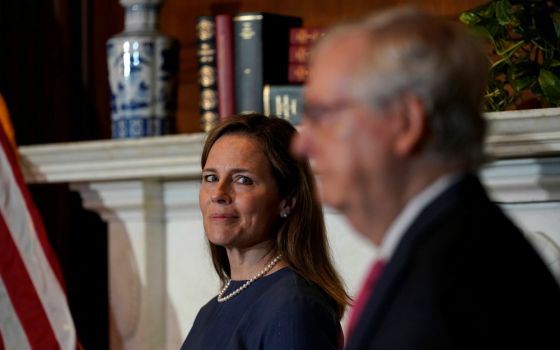 Judge Amy Coney Barrett, President Donald Trump's nominee for the U.S. Supreme Court, meets with Senate Majority Leader Mitch McConnell, R-Kentucky, on Capitol Hill in Washington Sept. 29. (CNS/Susan Walsh, Pool via Reuters)
