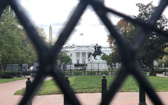 The White House and the Washington Monument are seen in the distance past a fence Nov. 2. Buildings in the District of Columbia and in other U.S. cities were being boarded up in anticipation of violence breaking out over results of the Nov. 3 elections. (