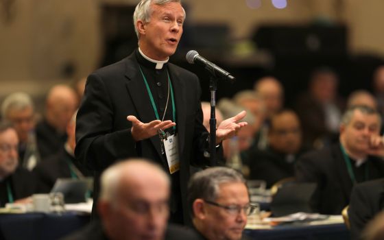 Bishop Joseph E. Strickland of Tyler, Texas, speaks from the floor during the fall general assembly of the U.S. Conference of Catholic Bishops in Baltimore Nov. 11, 2019. (CNS photo/Bob Roller)