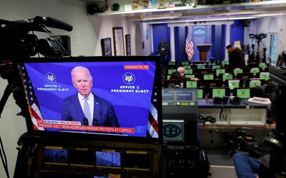 President-elect Joe Biden is seen on a monitor in the White House Briefing Room Jan. 6, making remarks regarding the supporters of President Donald Trump, who breached security barriers at the U.S. Capitol building in Washington and interrupted the certif