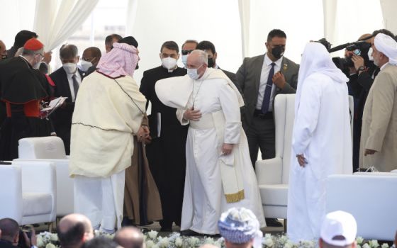 Pope Francis arrives for an interreligious meeting on the plain of Ur near Nasiriyah, Iraq, March 6. (CNS/Paul Haring)