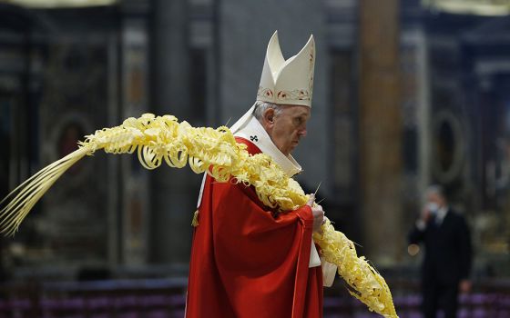 Pope Francis carries palm fronds in procession as he celebrates Palm Sunday Mass in St. Peter's Basilica March 28 at the Vatican. (CNS/Paul Haring)