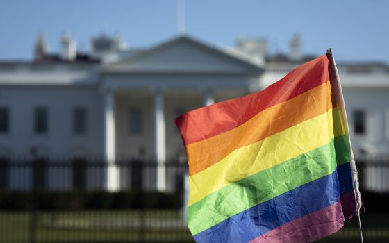An LGBTQ flag is seen near the White House May 18, 2021, in Washington. (CNS/Tyler Orsburn)