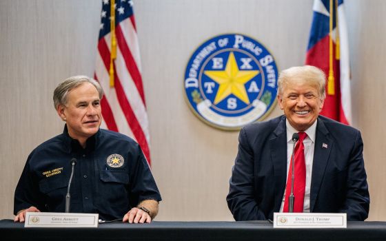 Texas Gov. Greg Abbott and former President Donald Trump attend a border security briefing in Weslaco, Texas, June 30, 2021. (CNS photo/Brandon Bell, Poo, via Reuters)