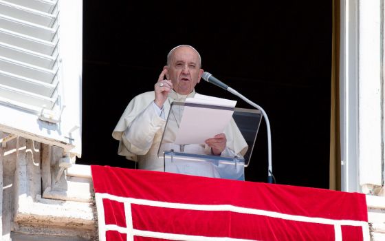 Pope Francis speaks as he leads the Angelus from the window of his studio overlooking St. Peter's Square at the Vatican Aug. 29. (CNS/Vatican Media)