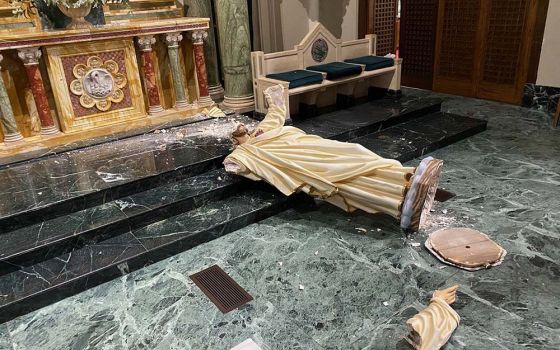An almost 90-year-old statue of the Sacred Heart of Jesus is seen Sept. 15, 2020, at St. Patrick's Cathedral in El Paso, Texas, after it was destroyed by vandals. (CNS/Courtesy of El Paso Diocese/Fernie Ceniceros)