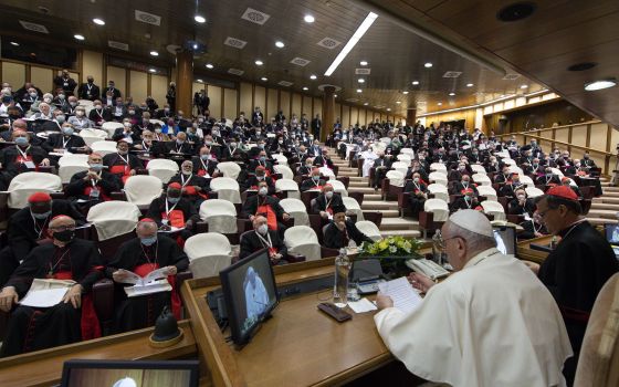 Pope Francis leads a meeting with representatives of bishops' conferences from around the world at the Vatican Oct. 9, 2021.  (CNS photo/Paul Haring)