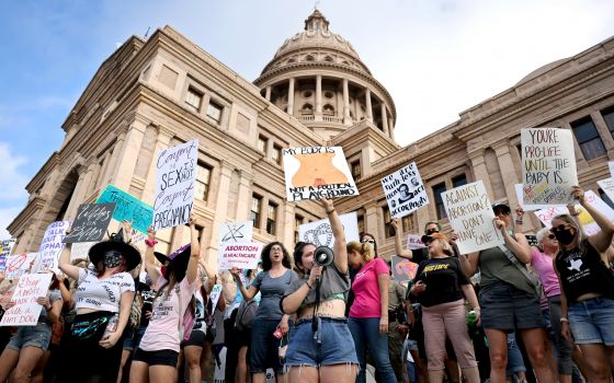 Supporters of legal abortion in Austin, Texas, take part in the nationwide Women's March Oct. 2, 2021. (CNS photo/Evelyn Hockstein, Reuters)