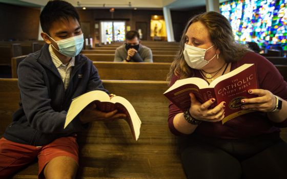 Students at DeSales University in Center Valley, Pa., share in what they are reading in the Bible May 13, 2021, in Connelly Chapel on the Catholic college's campus. (CNS photo/Chaz Muth)