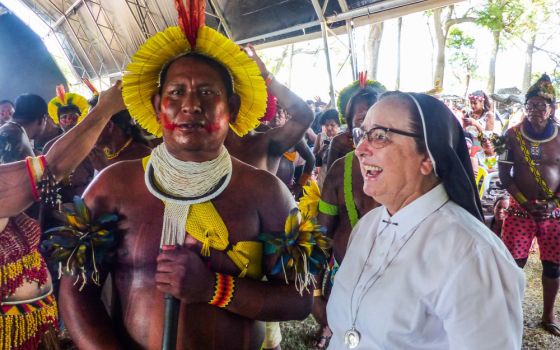 Sister Maria Inês Ribeiro, president of the Conference of Religious of Brazil, meets with Indigenous leaders at the Acampamento Terra Livre 2022-ATL (Free Land Camp) in Brasília April 7, 2022. (CNS/courtesy CRB Nacional)