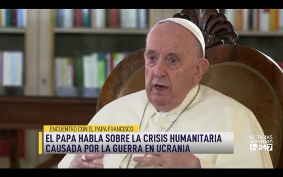 Pope Francis speaks in an interview with the Spanish-language TV network, Univision, in this still frame from video at the Vatican July 11. (CNS/Courtesy of Televisa Univision)