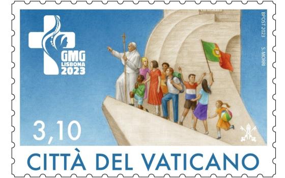 A stamp marked with Citta del Vaticano shows an illustration of Pope Francis of Francis leading a line of young people while he holds a cross and points to the horizon