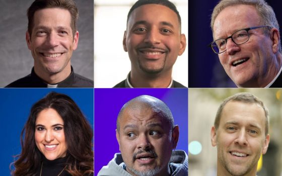 Speakers for the July 17-21, 2024, National Eucharistic Congress in Indianapolis include, clockwise from top left: Fr. Michael Schmitz, Fr. Josh Johnson, Bishop Robert Barron, Montse Alvarado, Fr. Agustino Torres and Chris Stefanick. (NCR/CNS, OSV News)