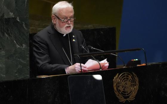 An older white man with white hair and a beard and glasses wearing a clerical collar speaks into a microphone