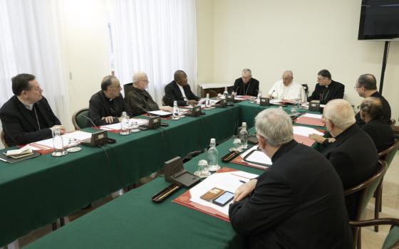Men wearing black and clerical collars sit around green tables in a U shape with Pope Francis at the head.