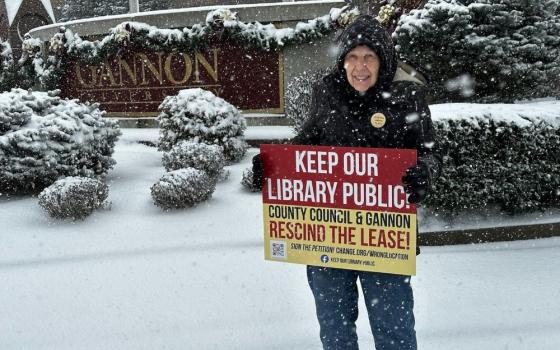 Doris Cipolla protests in January outside Gannon University in Erie, Pa.