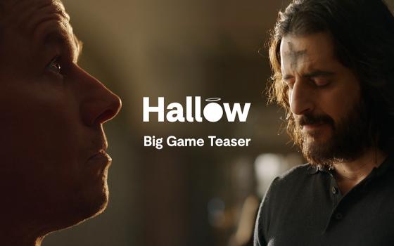 Catholic actors Mark Wahlberg, left, and Jonathan Roumie are seen in a screenshot of the teaser for the Super Bowl ad for Hallow, a Catholic prayer and meditation app. (Courtesy of Hallow)