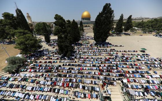 Aerial view of many people praying