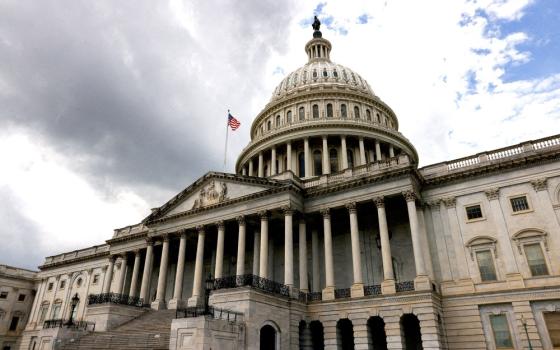 Looming edifice of U.S Capitol, darkened by overcast skies. 