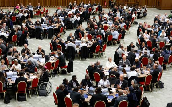 Members of the assembly of the Synod of Bishops start a working session in the Vatican's Paul VI Audience Hall Oct. 18. 