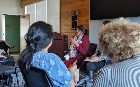 Cynthia Bailey Manns addresses attendees at the "Women & Synodality: Where Do We Go From Here?" event on May 4, 2024, at the Jesuit School of Theology of Santa Clara University in Berkeley. (Black Catholic Messenger/Nate Tinner-Williams)