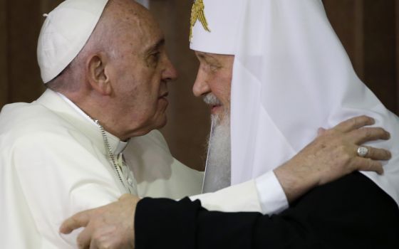Pope Francis, left, embraces Russian Orthodox Patriarch Kirill, head of the Russian Orthodox Church, after signing a joint declaration on religious unity in Havana, Cuba on Feb. 12, 2016. (AP/Gregorio Borgia)