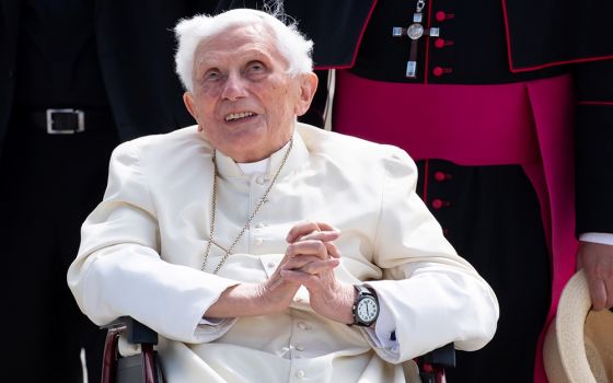 Retired Pope Benedict XVI smiles at Germany's Munich Airport before his departure to Rome June 22, 2020. (CNS/Sven Hoppe, pool via Reuters)