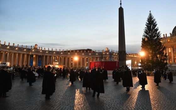 The Vatican band plays during a ceremony to unveil the Nativity scene and light the Christmas tree in St. Peter's Square at the Vatican Dec. 11. (CNS/Vatican Media)