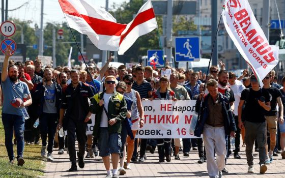 People attend an opposition demonstration to protest presidential election results in Minsk, Belarus, Aug. 17. (CNS/Reuters/Vasily Fedosenko)