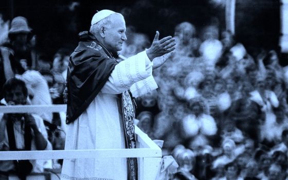 St. John Paul II greets throngs of Poles waiting for a glimpse of their native son at the monaster of Jasna Gora in Czestochowa during his 1979 trip to Poland. He died April 2, 2005. (CNS/Chris Niedenthal)