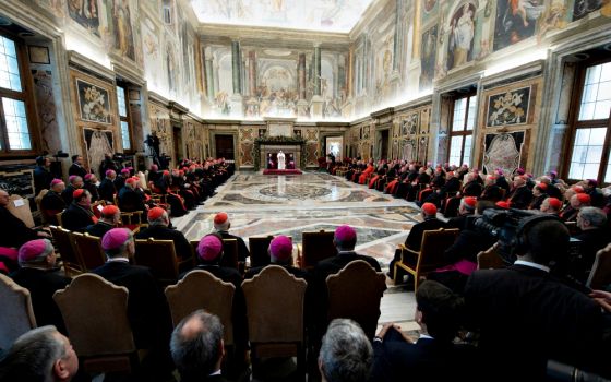 Pope Francis gives his annual pre-Christmas speech to officials of the Roman Curia and cardinals present in Rome Dec. 21 in the Clementine Hall of the Apostolic Palace. (CNS/Vatican Media)