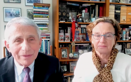 Anthony Fauci and Christine Grady give remarks as they jointly accept Catholic Theological Union's 2021 "Blessed are the Peacemakers" award. (NCR screenshot)