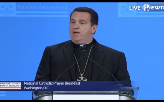 Bishop Steven Lopes of the Personal Ordinariate of the Chair of St. Peter delivers his keynote speech Sept. 14 at the 2021 National Catholic Prayer Breakfast. (NCR screenshot)