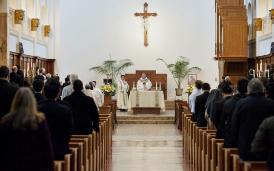 Sunday Mass at Mount Angel Abbey and Seminary in St. Benedict, Oregon, typically includes about 40 Benedictine monks, more than 100 seminarians and another 100-200 faithful. (Mount Angel Abbey)