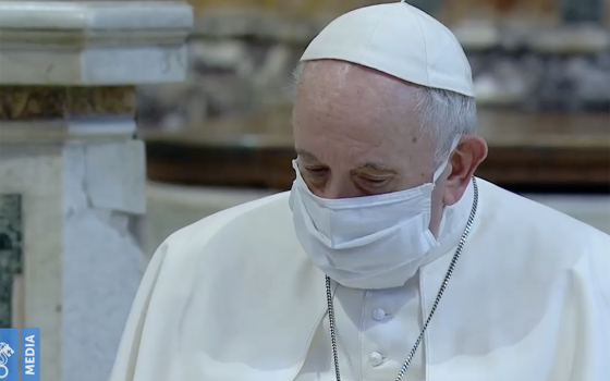Pope Francis wearing a mask during the ecumenical service Oct. 20 in Rome (NCR screenshot/Vatican Media)