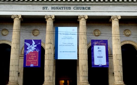 A large banner on San Francisco's St. Ignatius Church declares the parish's status as a sanctuary for migrants, refugees and others "subject to exclusion or removal from this land." (Courtesy of St. Ignatius Parish)