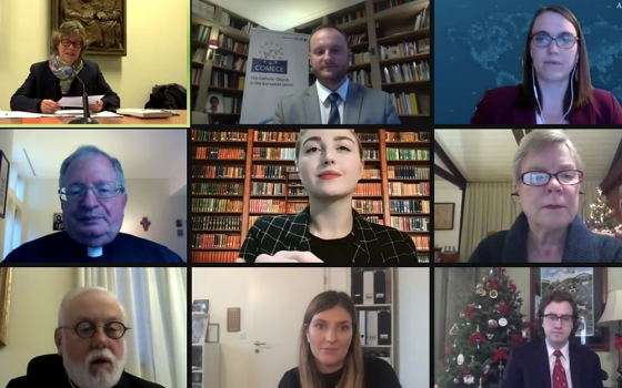 Participants at the Vatican's Dec. 16 webinar on nuclear disarmament are seen in this screenshot. (NCR screenshot/YouTube/Vatican News)