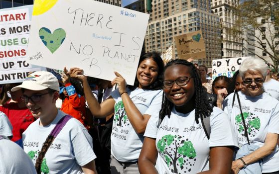 Students from St. Joseph High School in Brooklyn, New York, participate in the Global Climate Strike in New York City Sept. 20, 2019. (CNS/Gregory A. Shemitz)