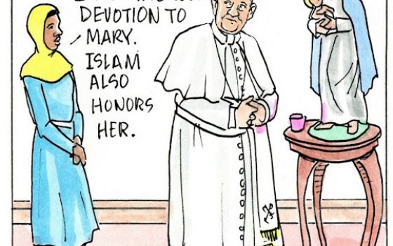 Francis, the comic strip: Francis and Gabby share their devotion and prayers to Mary.